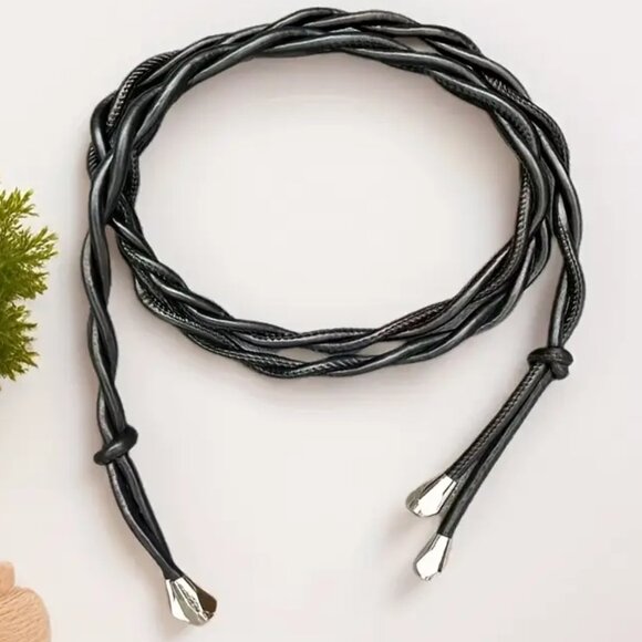 Chic Vegan Glove Tanned Soft Vegan Leather Tie Waist Classy Black Rope Belt - Picture 4 of 7